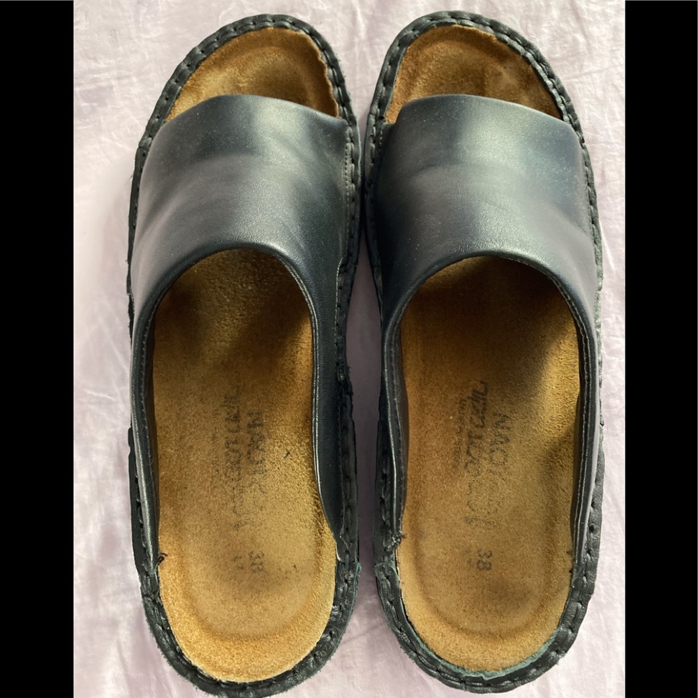 Naot black leather slides